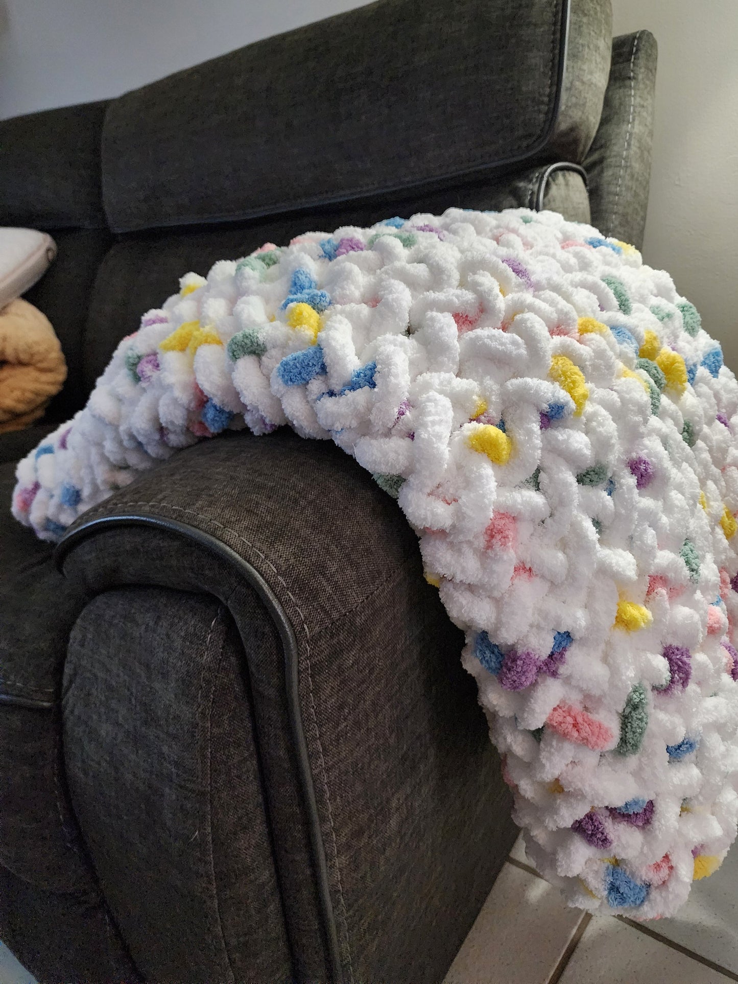 Rainbow Sprinkles chenille fingerknit blanket